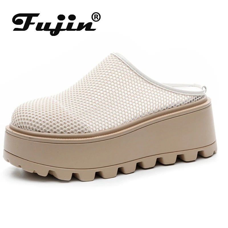 Fujin 7cm Air Mesh Platform Wedge Breathable Pumps Summer Hollow High Brand Synthetic Chunky Heels Mary Jane Slipper Shoes