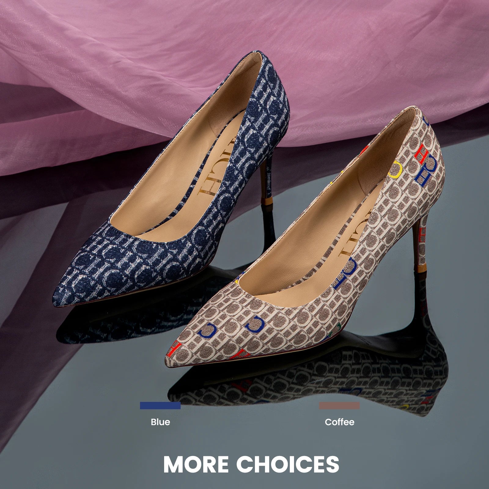 Classic style French ladies' high heels, shallow heel, letter cowboy print design, classic fashion.