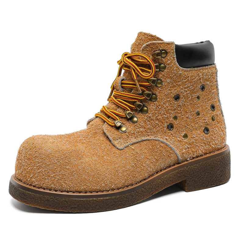 STRONGSHEN Handmade Men Motorcycle Boots Chunky Ankle Boots Leather Men Boots Retro Round Toe Autumn Winter Punk Street Style