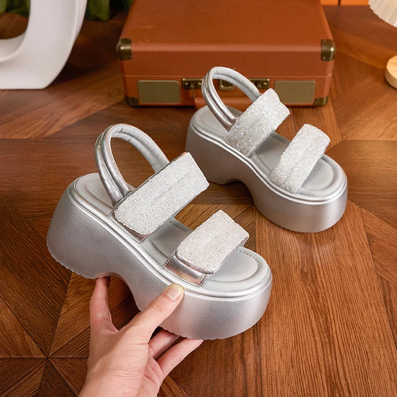 Autuspin 8cm Wedge Heels Sandals 2024 Summer Fashion Novelty High Heel Sandal Office Ladies Crystal Shoes Woman Party Wedding