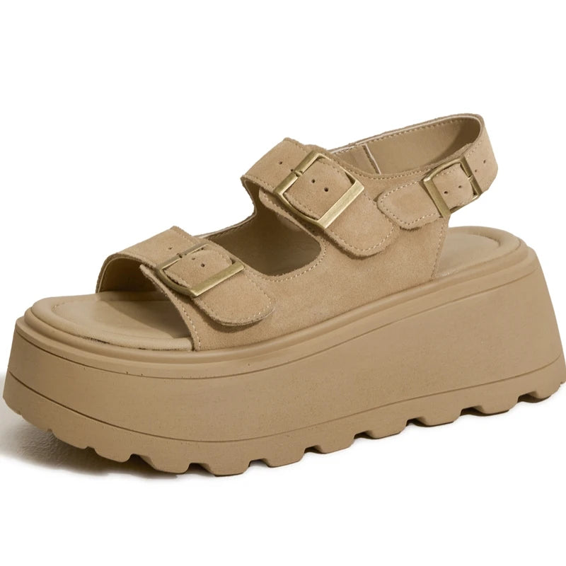 AUTUSPIN 7cm Women Sandals Summer Fashion Ladies Suede Leather Buckles Shoes Outdoor Popular Female Rome Platform Sandalias