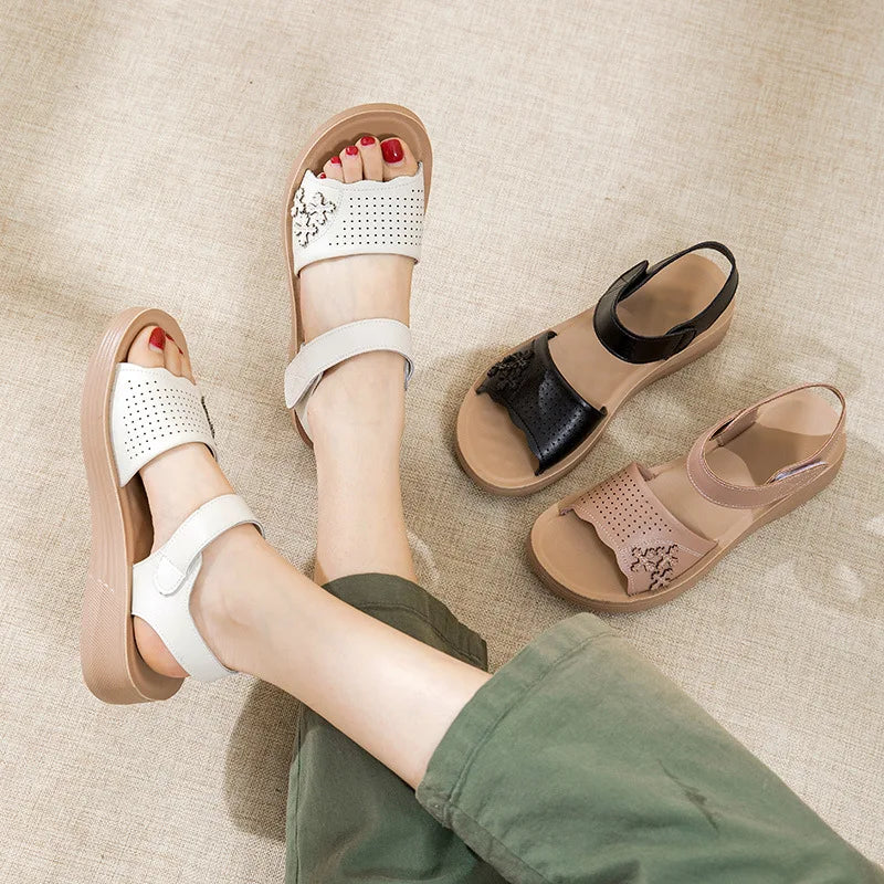 WOIZGIC Women's Female Ladies Mother Genuine Leather White Sandals Shoes Summer Beach Cool Soft Non Slip National Style