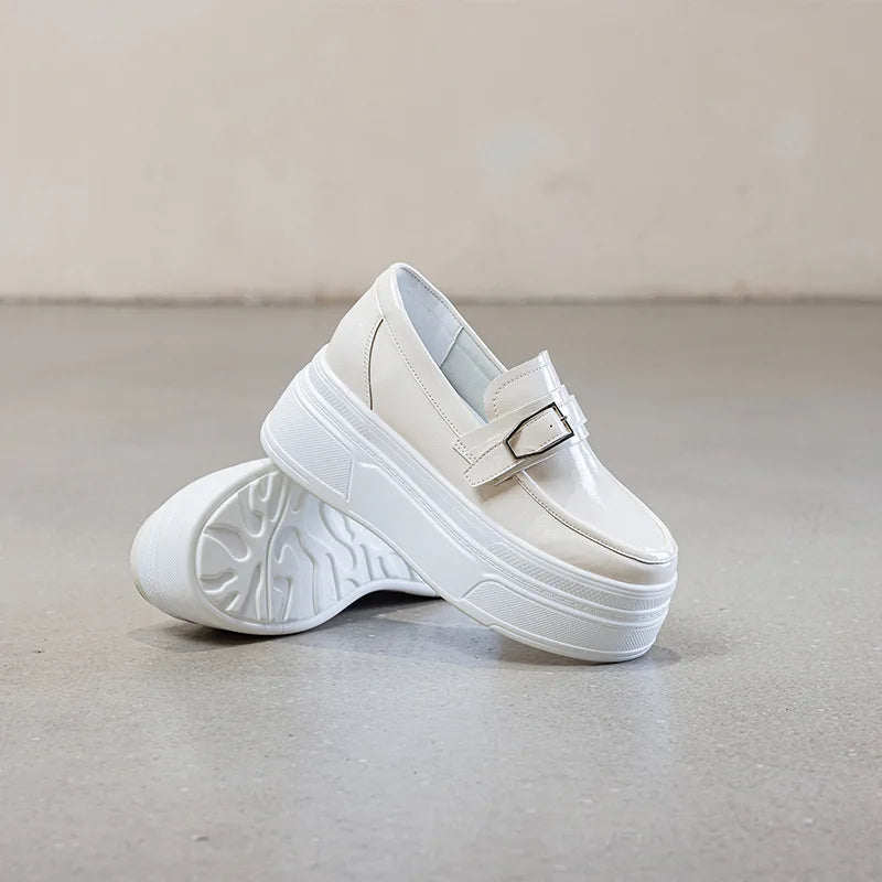 Fujin 8.5cm Patent Leather Platform Wedge Autumn Breathable Slip on Pumps Spring Synthetic Mary Jane Shoes