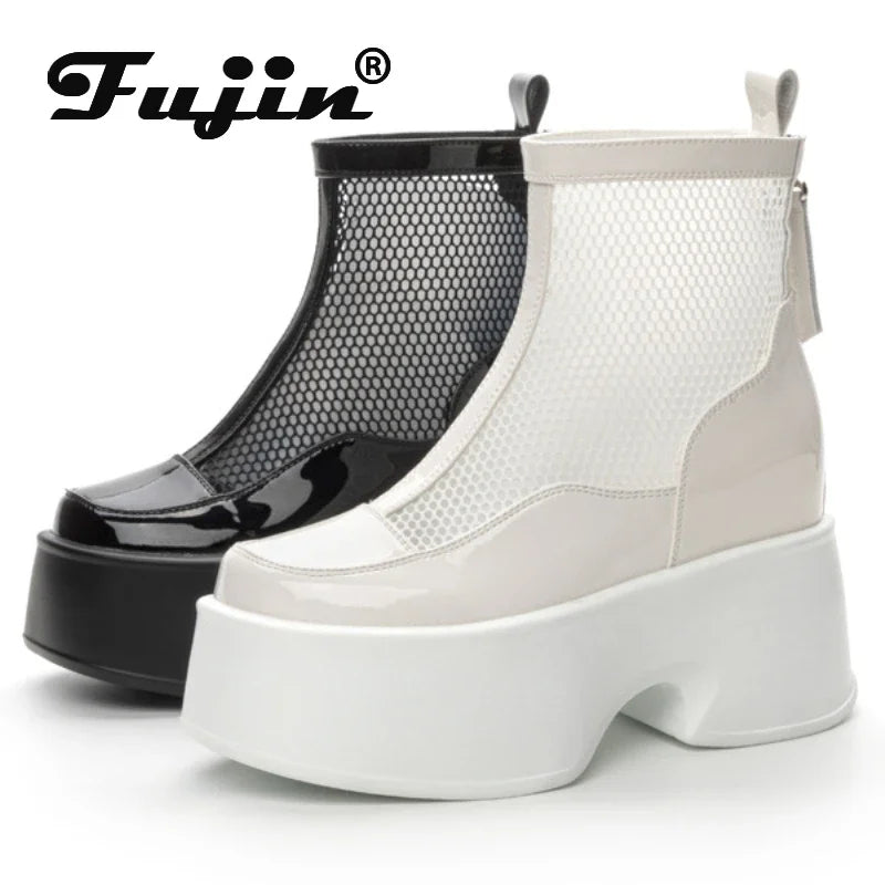 Fujin 11cm Air Mesh Patent Leather Boots Chimney Summer Motorcycle Sandals Hollow Ankle Booties Women Moccasins Fashion Shoes