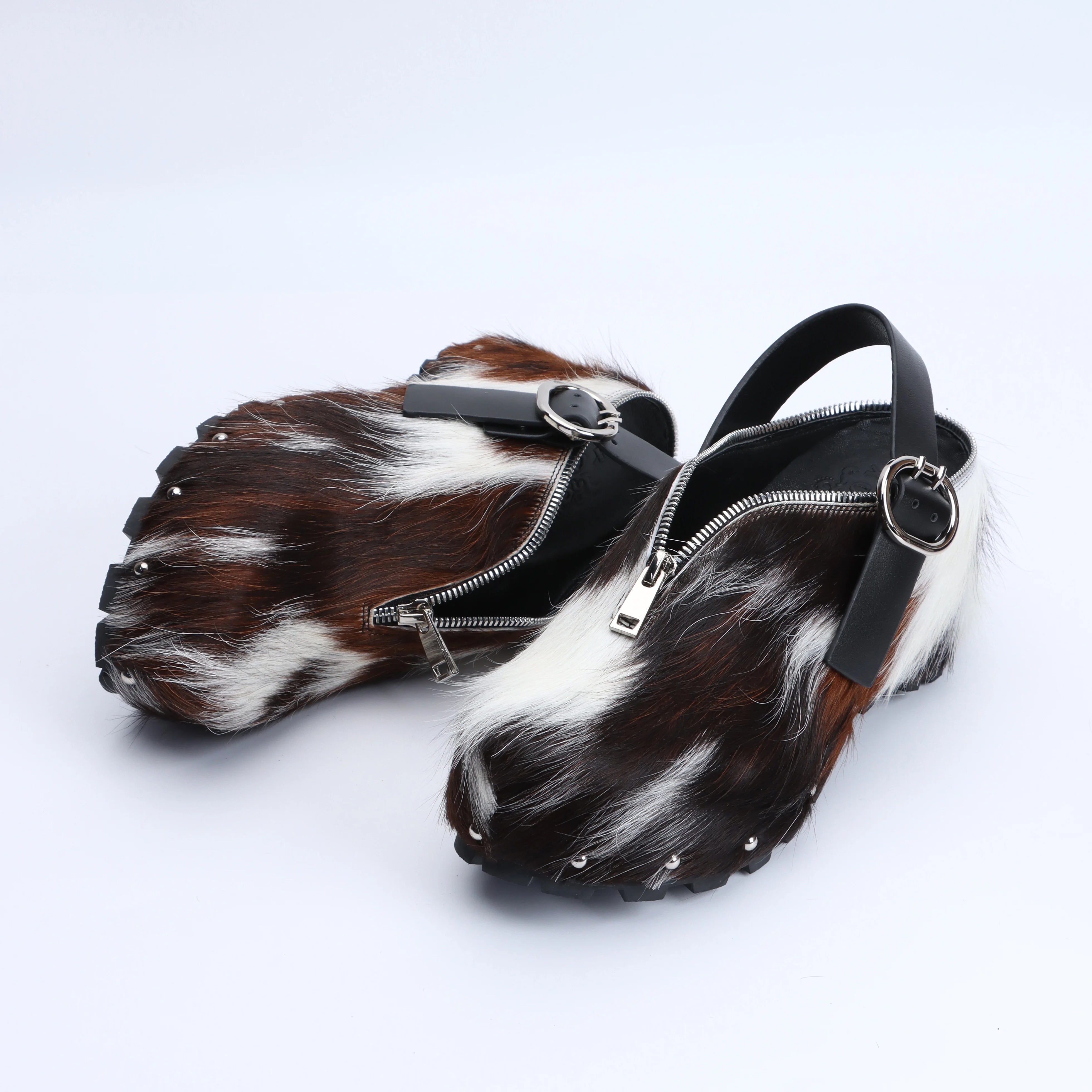 Adjustable Zipper, Luxury Designer Mule Sandals for Women, Handmade Cowhide Fur, Rubber Sole, Latex Insole, Trendy Summer Slides
