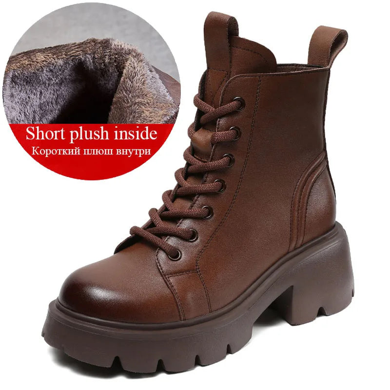DRKANOL Genuine Cow Leather Ankle Boots For Women Height Increasing Thick High Heel Chunky Platform Autumn Winter Fur Warm Boots