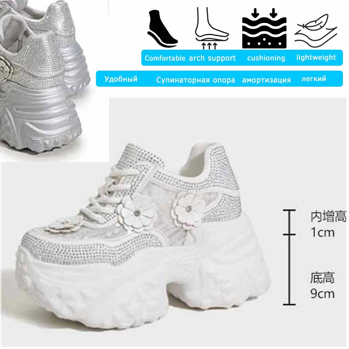 Fujin 10cm Air Mesh Synthetic Leather Bling Casual Platform Wedge Flats Women Vulcanize Hollow Summer Chunky Sneakers Shoes