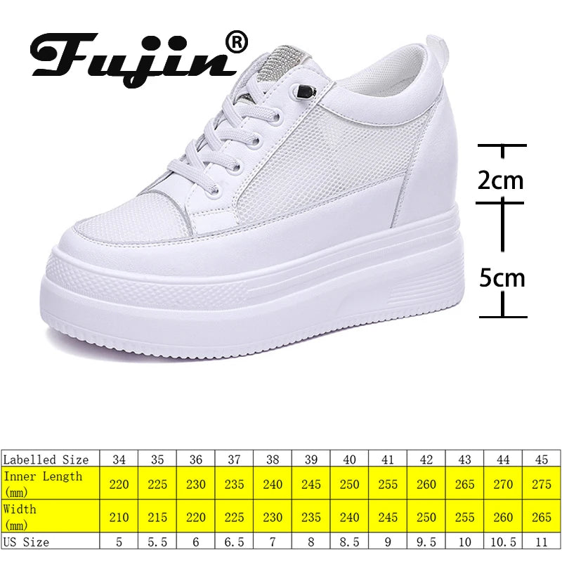 Fujin Women Shoes Chunky Sneakers Air Mesh Hollow Out Genuine Leather White Wedge Shoes Platform Heel Pumps Mujer Bombas
