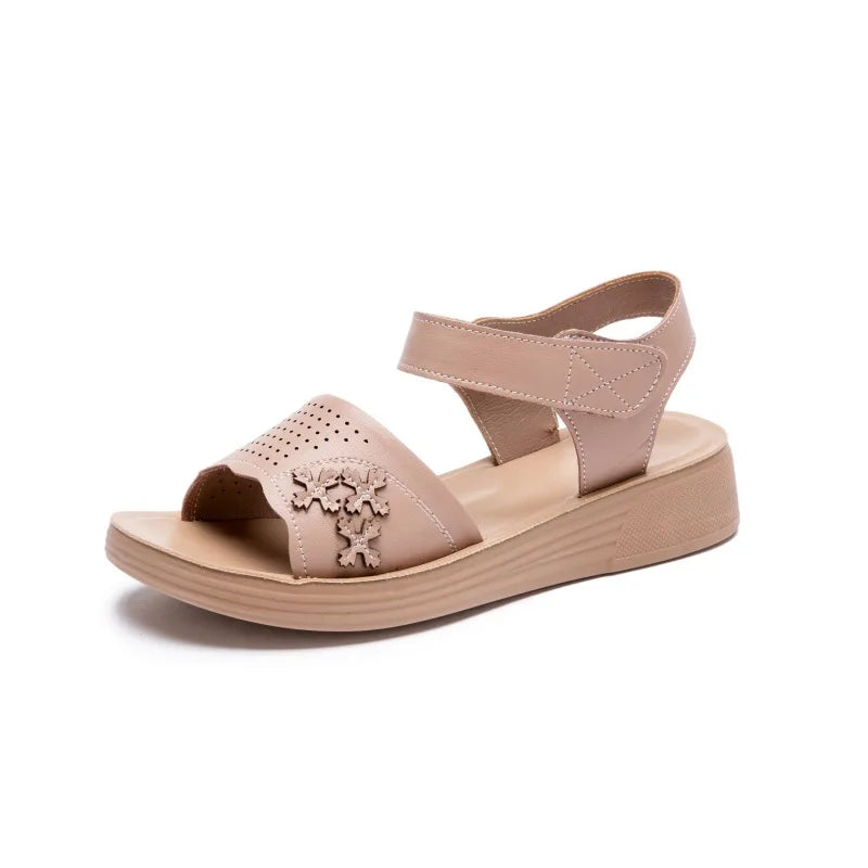 WOIZGIC Women's Female Ladies Mother Genuine Leather White Sandals Shoes Summer Beach Cool Soft Non Slip National Style