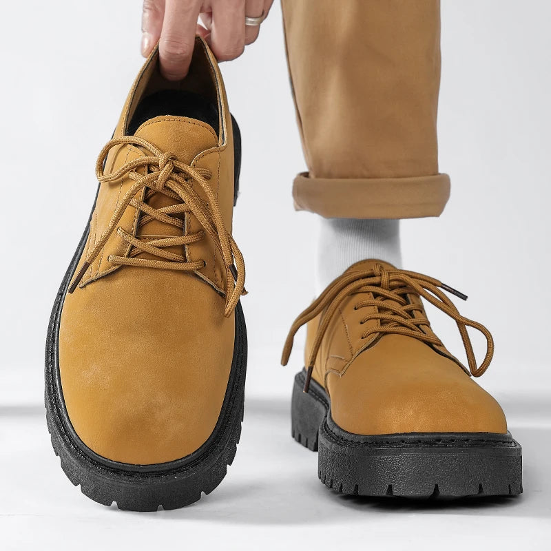 STRONGSHEN Men Casual Shoes Thick Soled Leather Shoes Men Round Toe Yellow New Fashion Elegant Non-slip Lace up Leather Shoes