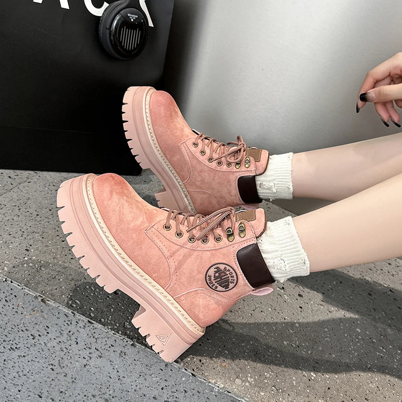 AUTUSPIN 6cm Thick Heels Women Motorcycle Boots Winter Autumn Female Fashion Cross-tied Genuine Leather Shoes Short Ankle Boot