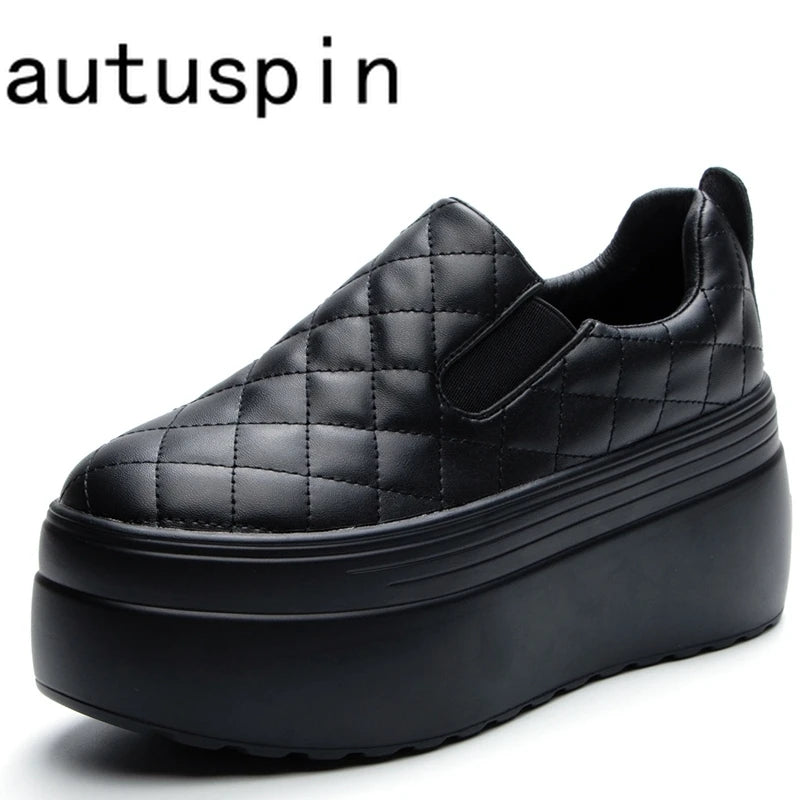 Autuspin High Platform Women Flats Summer Spring Fashion Round Toe Leather Casual Loafers Female Outdoor Daily Slip-on Shoes