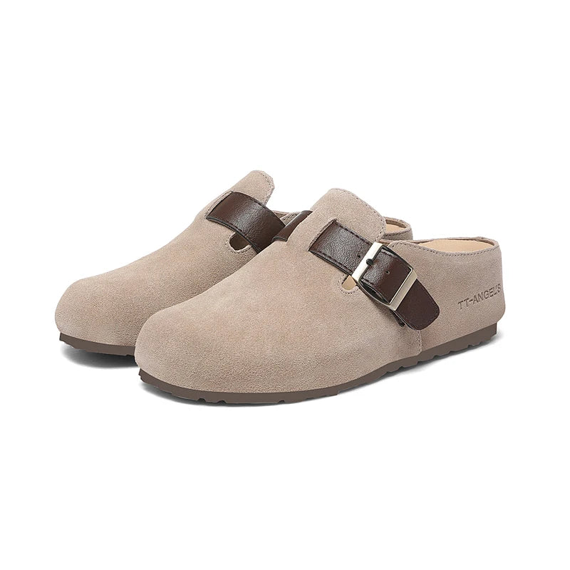 AUTUSPIN Fashion Round Toe Slides Shoes Women 2025 Summer Spring Suede Leather Mules Slippers Female Lazy Slip on Loafers Woman