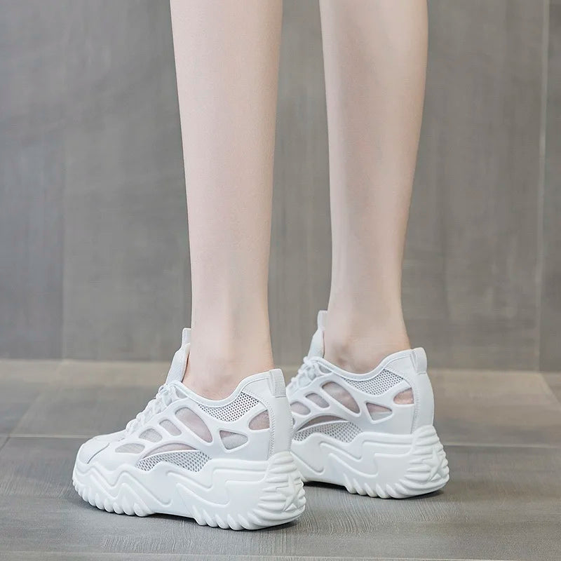 DRKANOL White Air Mesh Casual Sneakers Women 8cm Wedges Heel Height Increasing Chunky Platform Shoes Summer Breathable Shoes