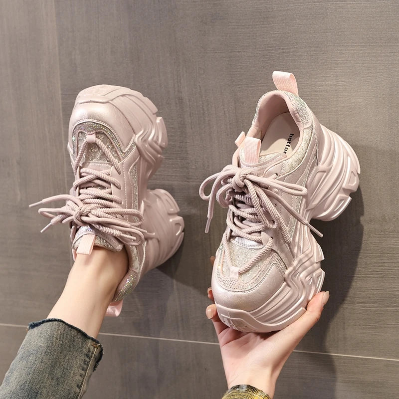 AUTUSPIN 8cm Pink Thick Bottom Shoes for Women Spring Summer Rhinestones Chunky Platform Sneakers Woman Outdoor Tide Fashion