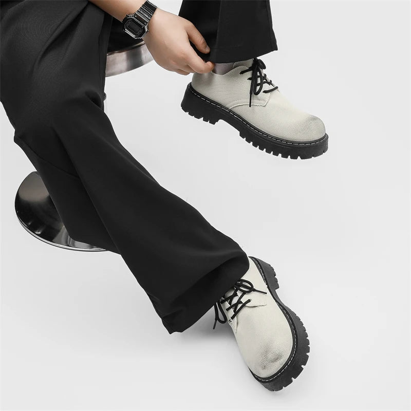 Men's Casual Shoes Comfortable Breathable Canvas Upper Thick Bottom Fashion Sewing Round Toe Leather Chunky Shoes Male Footwear