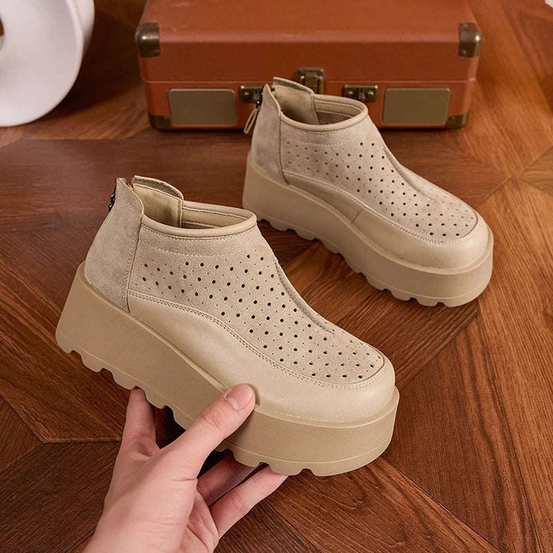AUTUSPIN 6cm Women Pumps Back Zipper Ladies Shoes Platform Wedges Female Round Toe Hollow Out Shoes Summer Soft Leather Sandals