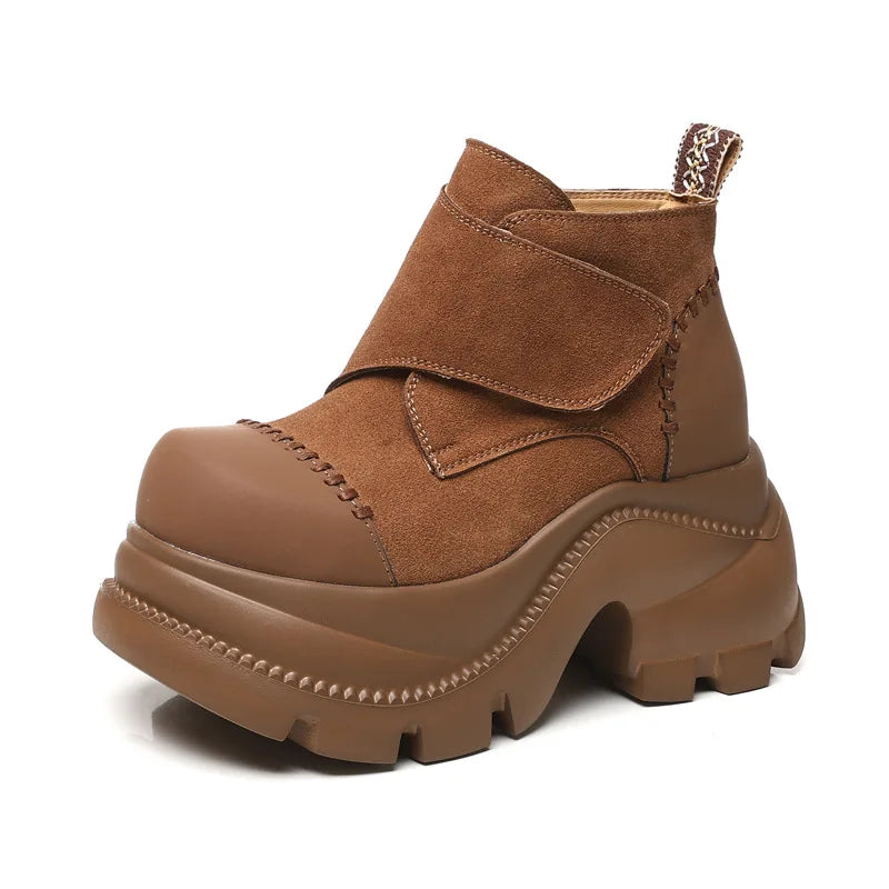 Fujin 9cm Genuine Leather Women Ankle Boots Chunky Heel Platform Booties Spring Autumn Shoes Comfortable Non Slip Fashion Boots