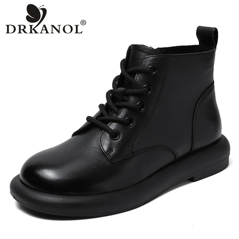 DRKANOL Autumn Winter Warm Flat Heel Ankle Boots For Women Handmade Retro Round Toe Genuine Leather Comfort Casual Short Boots