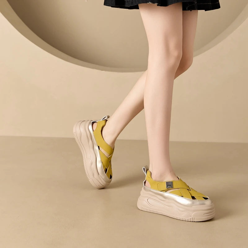 AUTUSPIN 7cm Flats Platform Women Leather Sandals Summer Fashion Hollow Breathable Ladies Shoes Round Toe Chunky Leisure Sneaker