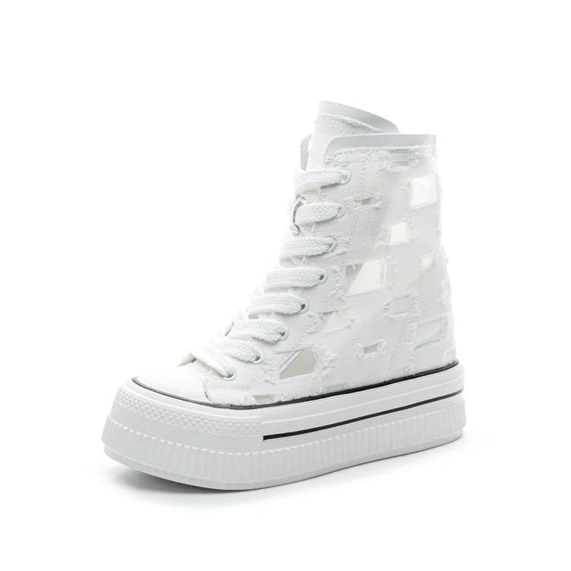 Koznoy 13CM Denim Air Mesh  Women Chunky Sneakers Hollow Ankle Booties High Brand Platform Wedge Flats Fashion Causal Shoes