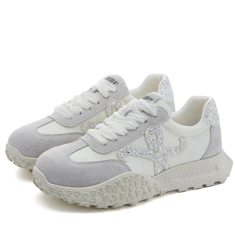 AUTUSPIN Women's Summer Shoes Fashion Genuine Leather Ladies Casual Sneakers Outdoor Non-slip Leisure Students Shoes Lace-up