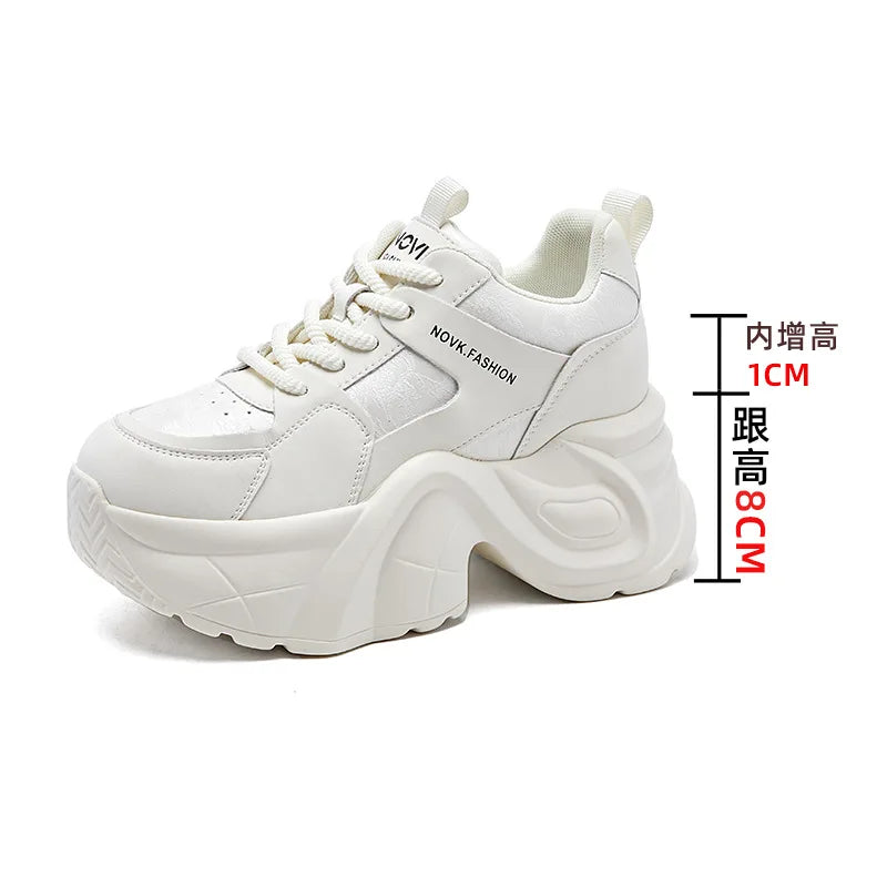 Fujin 9cm Genuine Leather Women Casual Shoes Chunky Sneakers Skateboard Vulcanize Lady Comfy White Platform Wedge Hidden Heel