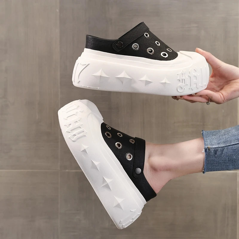 AUTUSPIN Summer Hollow Sandals for Women Fashion Design Female Soft Leather Mules Shoes Ladies Beach Platform Chunky Slippers