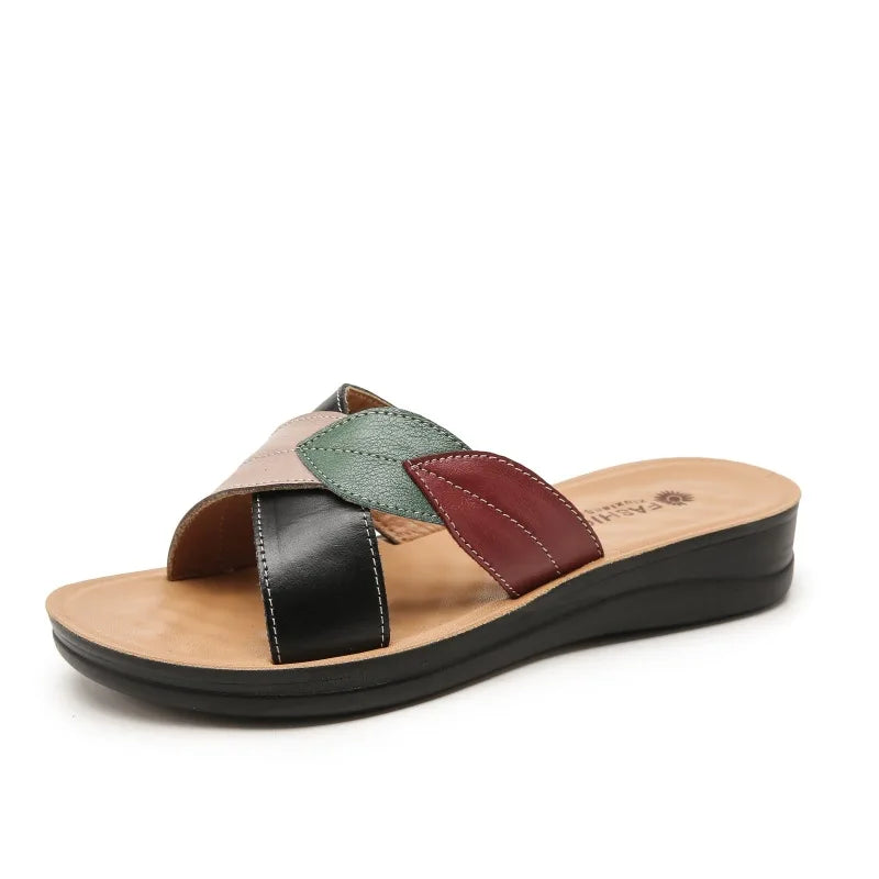 WOIZGIC Women Female Ladies Mother Genuine Leather Shoes Sandals Platform Slipper Summer Cool Beach Soft Slip On Outside