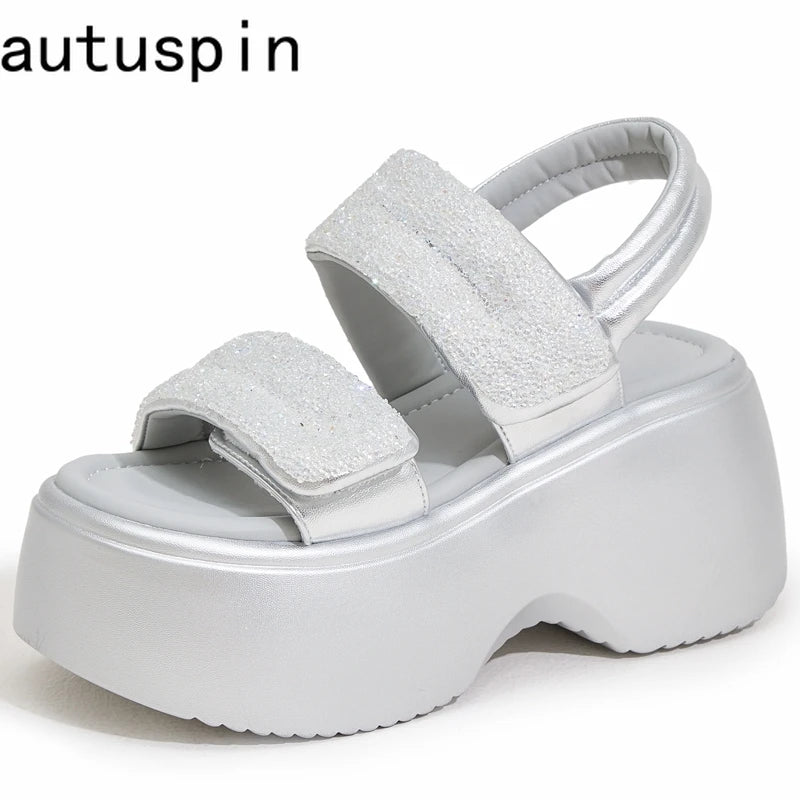 Autuspin 8cm Wedge Heels Sandals 2024 Summer Fashion Novelty High Heel Sandal Office Ladies Crystal Shoes Woman Party Wedding