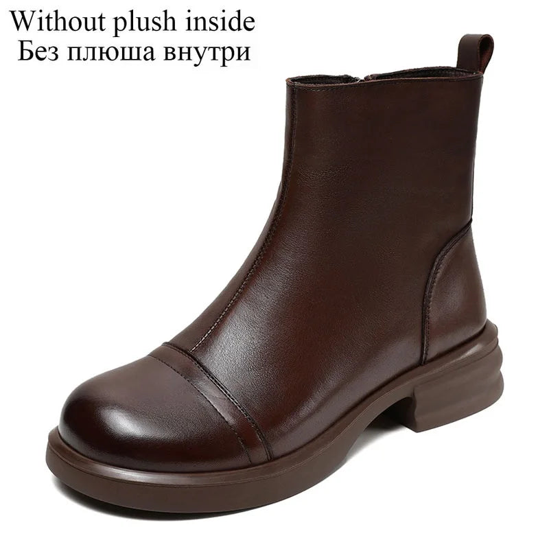 DRKANOL Women Genuine Leather Boots 2025 Autumn Winter Warm Thick Heel Side Zipper Comfort Casual Ankle Chelsea Boots Beige