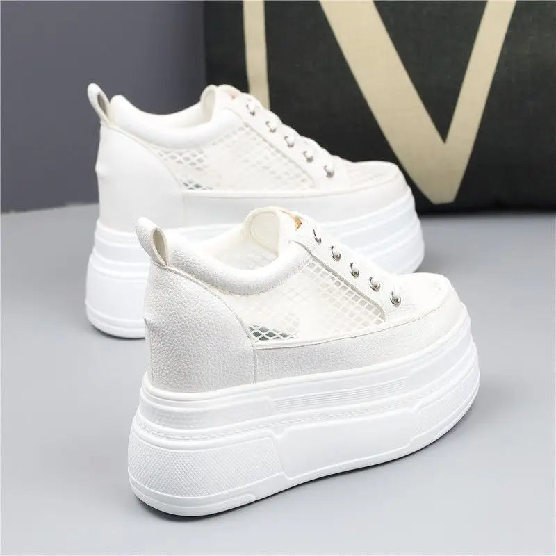 Fujin 10cm 12cm 14cm Air Mesh Leather Breathable Pumps Summer Fashion Chunky Sneaker Heels Sandals Platform Wedge Hollow Shoes