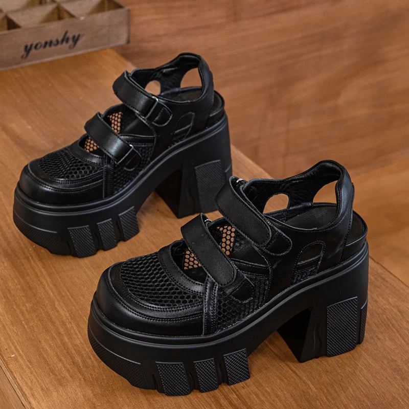 AUTUSPIN Summer Women Mary Janes High Heels Sandals Fashion Mesh Patchwork Leather Breathable Ladies Shoes Party Wedding Pumps