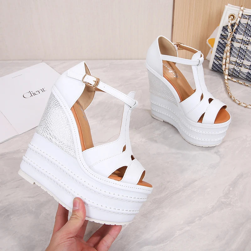 AUTUSPIN 14cm 16cm Super High Heels Microfiber Leather Platform Wedge Sandals Summer Shoes Women Peep Toe Party Wedding Shoes