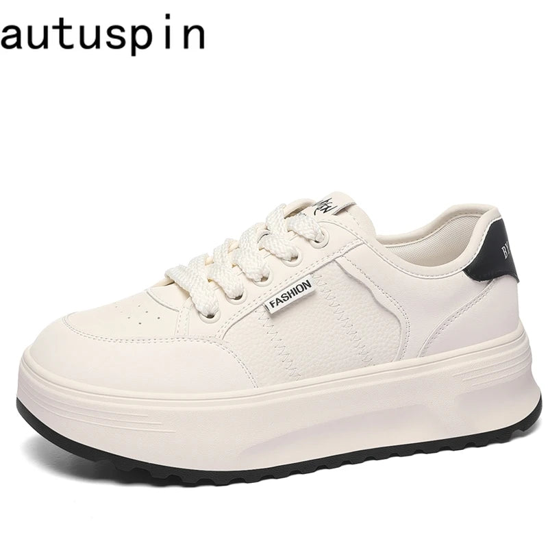AUTUSPIN 2cm Flat Skateboarding Shoes Women Winter Autumn Synthetic Leather Platform Female Shoes Students Daily Sports Sneakers