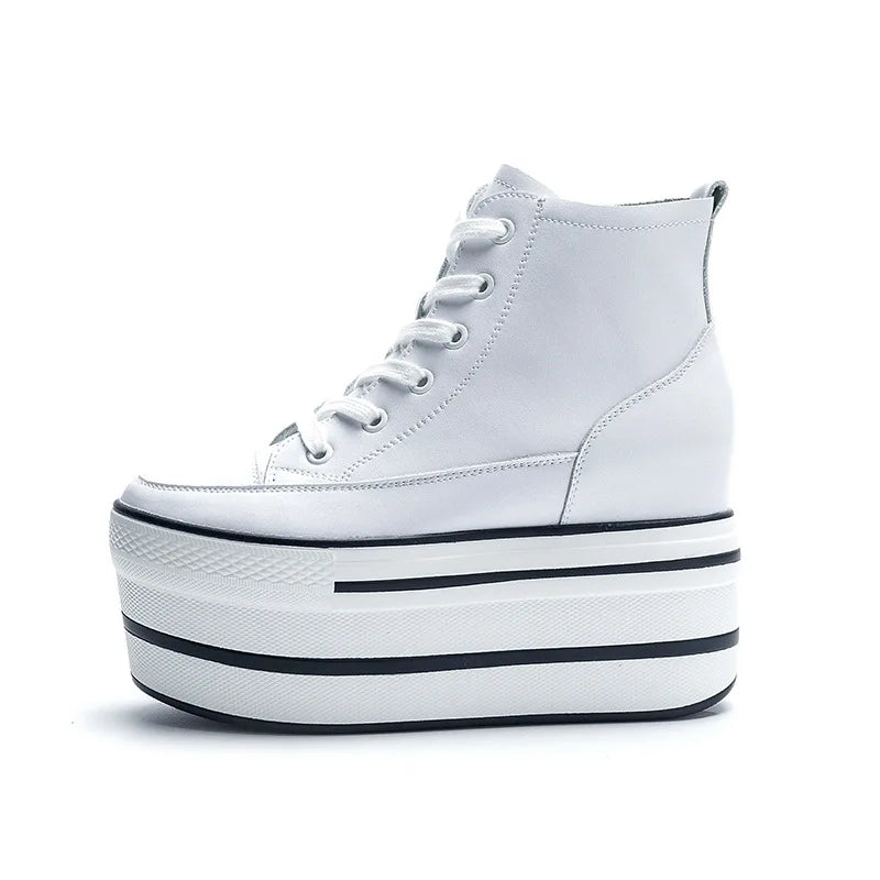 Fujin Women's High Top Sneakers Casual Leather Lace up Boots Sneakers For Woman Spring Autumn Shoes High Heels Sneaker Shoes