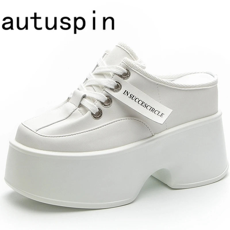 AUTUSPIN 11cm Fashion Women Mules Platform High Heels Summer Autumn Genuine Leather Casual Round Toe Slippers Woman Slides Shoes