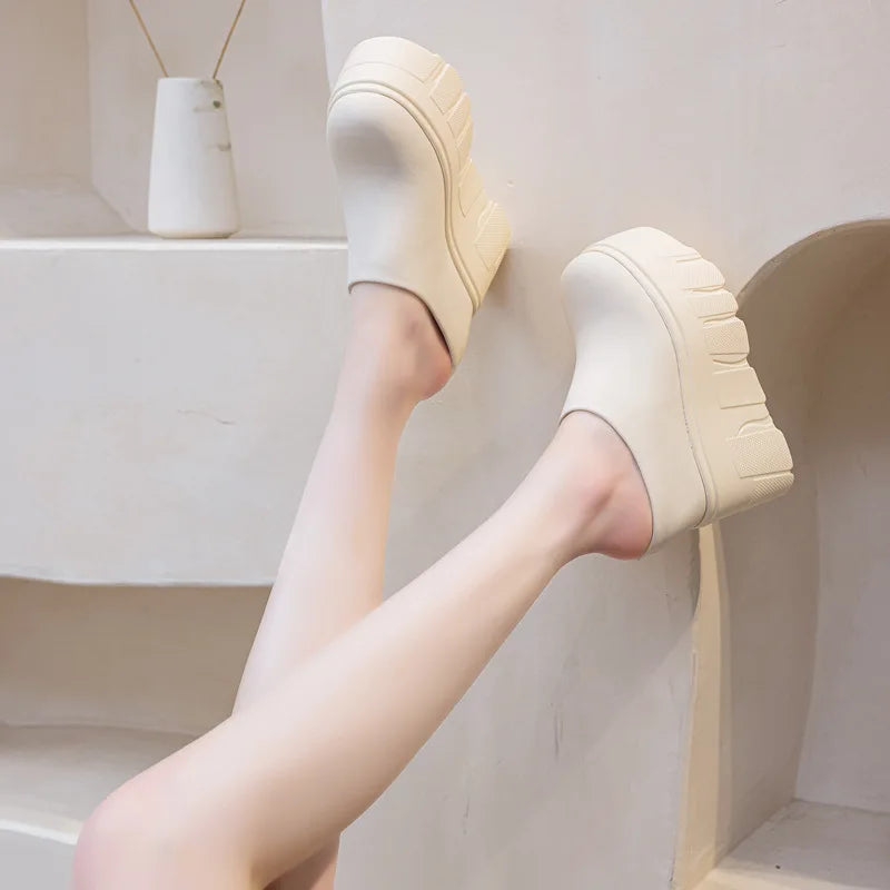 Fujin 14cm  Ladies Summer Shoes Slip on Genuine Leather Fashion Women Wedge Slipper Platform Wedge Sandals Sandals