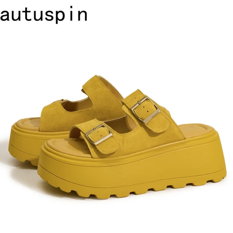 AUTUSPIN 7cm Women Wedges High Heels Fashion Thick Platform Woman Sandals Suede Leather Ladie Summer Shoes Beach Chunky Slippers