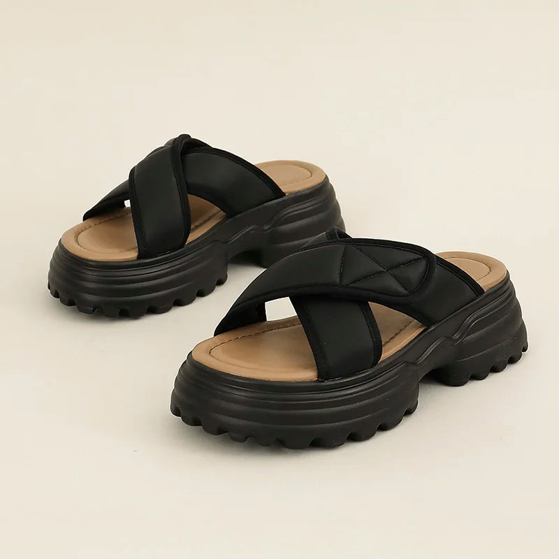 AUTUSPIN 4cm Women Flat Heels Women Shoes Summer Cosy Slippers Outdoor Beach Basic Microfiber Leather Female Slides Shoes Woman