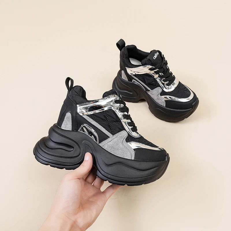 Autuspin Women Fashion Street Shoes Internal Height Increased Ladies Luxury Sneakers Leisure Platform Sneaker Genuine Leather