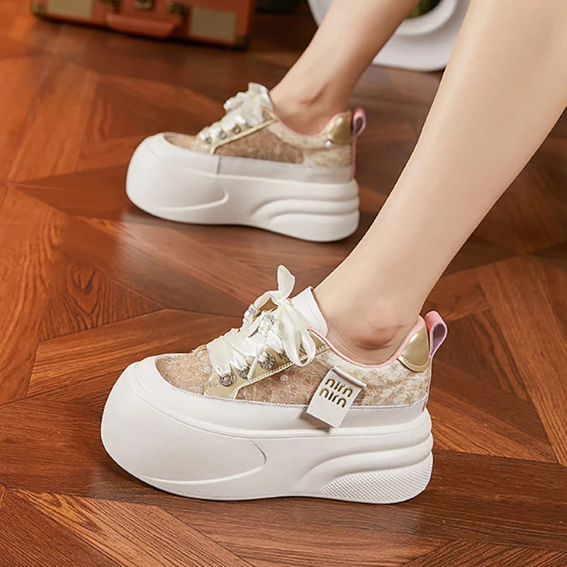 Autuspin Women Inner Height Shoes New Fashion Lace Bling Leather Summer Chunky Platform Skateboard Sneakers Ladies Trend Tide