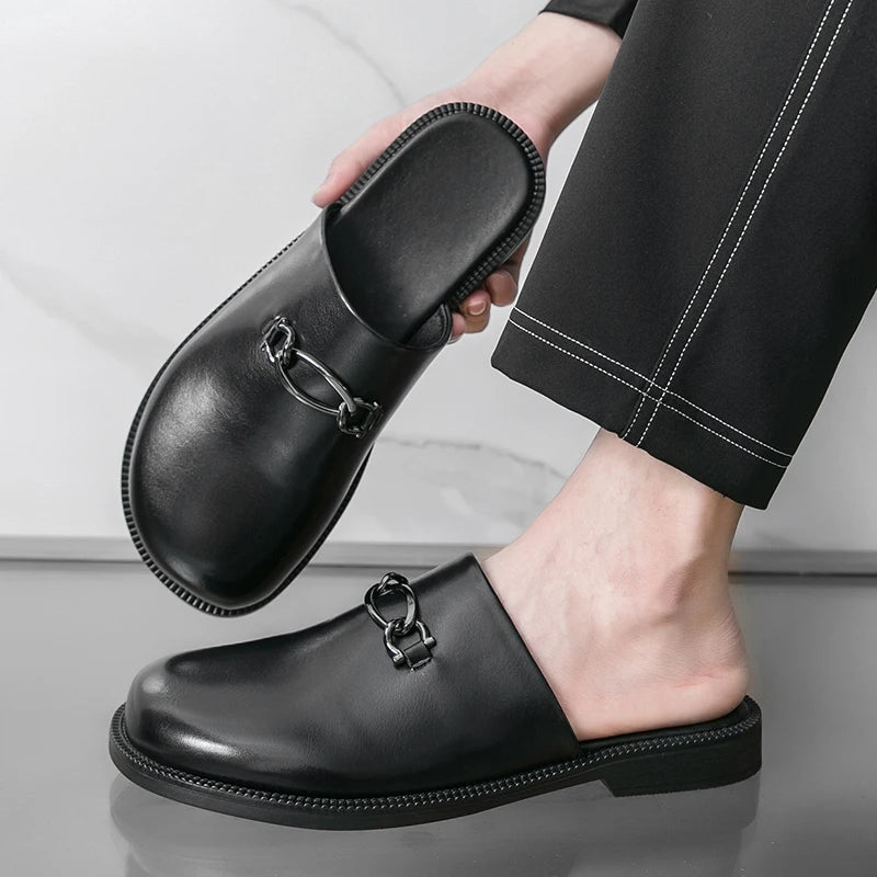 Luxury Men Slippers Fashion Leather Loafers Moccasins Outdoor Non-slip Casual Walking Shoes Men Mules Slides Comfortable Flats