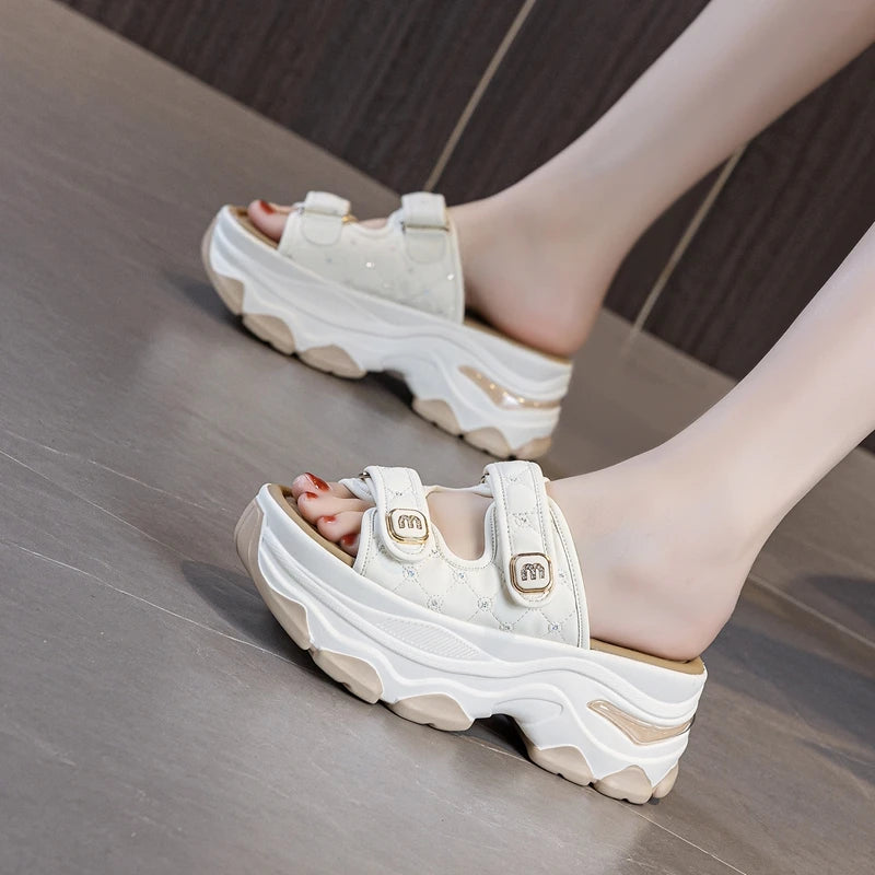 AUTUSPIN 7cm Chunky High Heels Women Summer 2025 New Design Crystal Letter Decoration Sandals Fashion Platform Woman Slippers