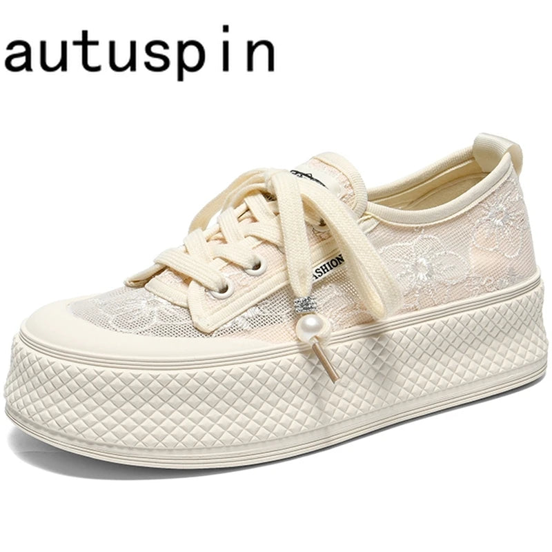 AUTUSPIN 4cm Breathable Lace Mesh Women's Shoes Summer New Arrival Platform Chunky Canvas Shoe Students Casual Sneakers 2024
