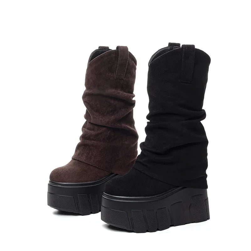 Fujin 5 Inch 14cm Stretch Boots Short Ankle Boots for Women Knee High Platform Booties Wedge Heel Hidden Botas Autumn Winter