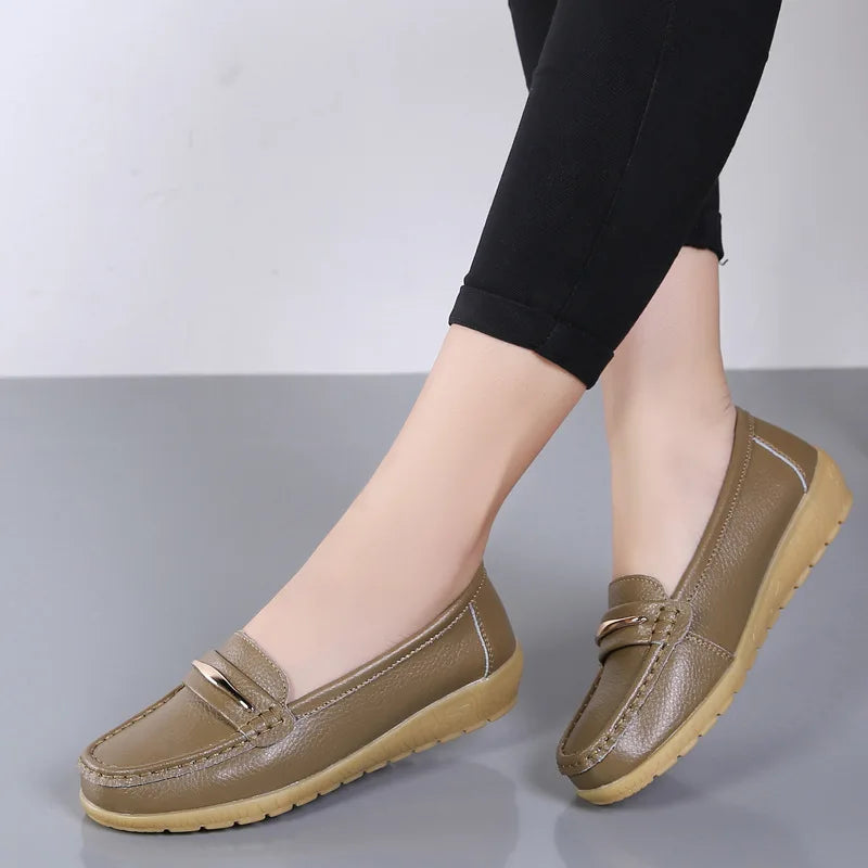 WOIZGIC Women's Mother Ladies Woman Female Genuine Leather Shoes Flats Loafers Platform Bling Slip On Moccasins Plus Size 43 44