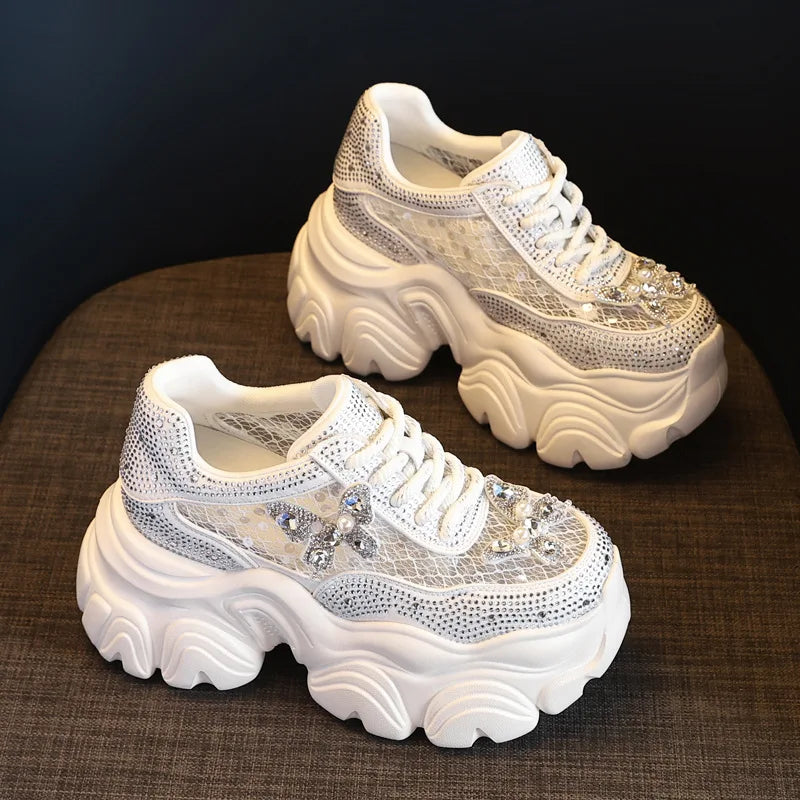 Fujin 9cm Air Mesh Microfiber Leather Chunky Sneaker Hook Ankle Boots Bling High Brand Comfy Booties Fashion Summer Shoes Women