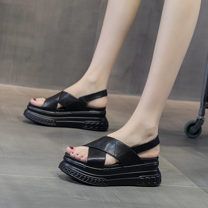 AUTUSPIN Size 33-40 Women's Sandals Summer Fashion Flats Platform Ladies Shoes New Synthetic Leather High Heels Rome Style 7cm