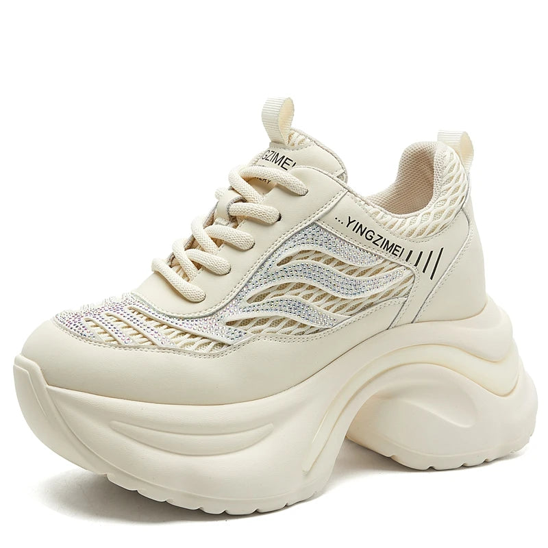Autuspin 8cm Platform Mesh Women Crystal Shoes Summer Autumn Breathable Genuine Leather Sneaker Female Outdoor Leisure Shoes